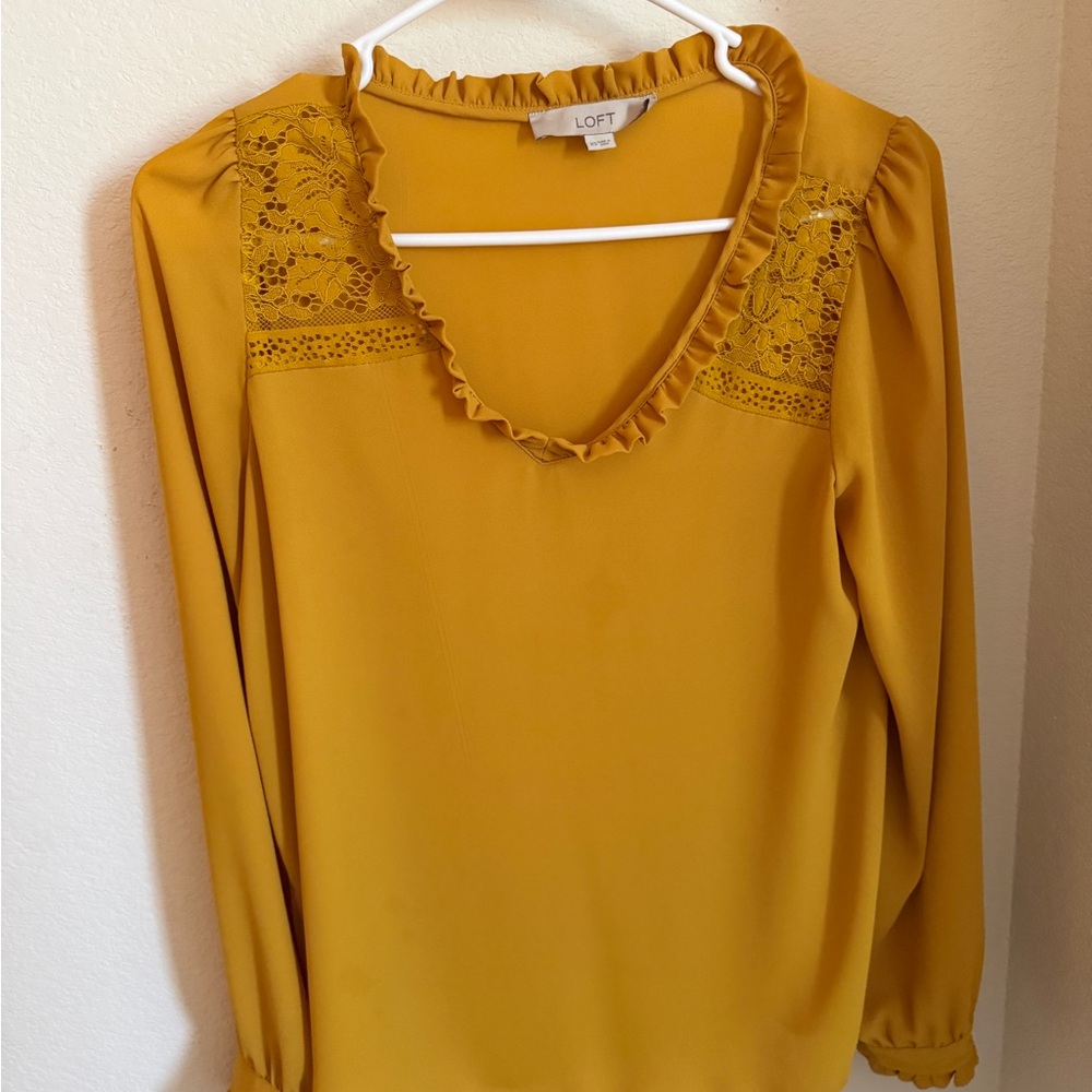 LOFT Mustard Yellow Lace-Trim Ruffle V-Neck Blouse